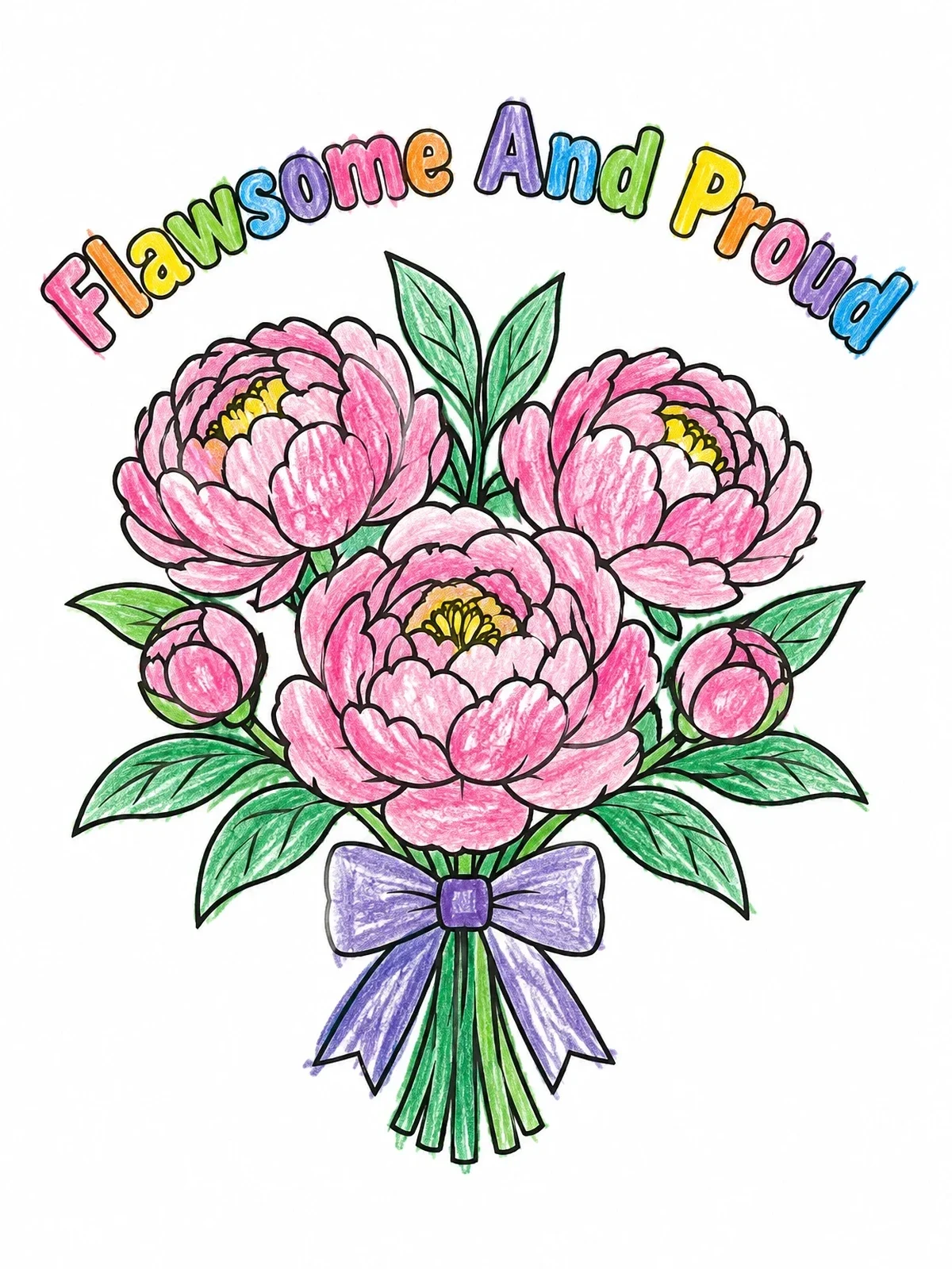 Colored example of the Peony Bouquet Flawsome And Proud coloring page