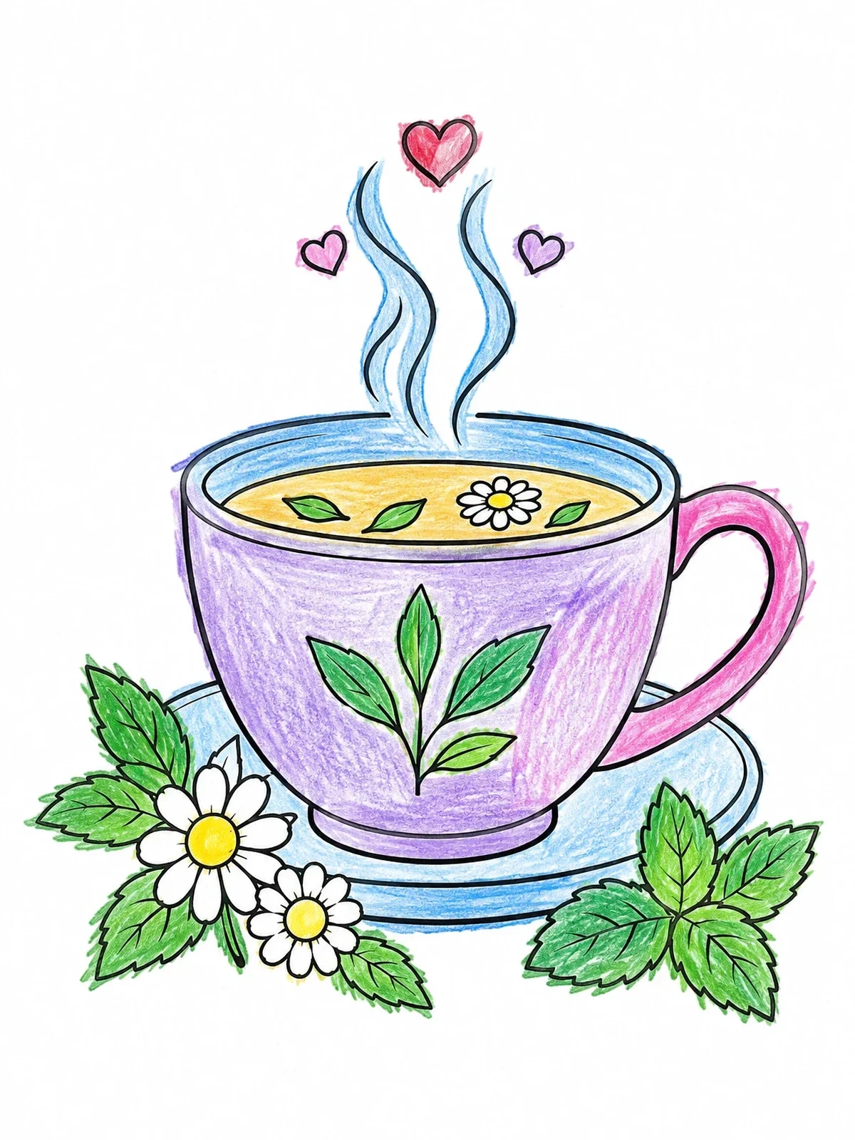 Colored example of the Steaming Herbal Tea With Hearts coloring page