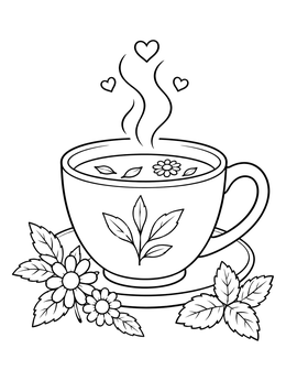 Relaxing tea in a body positive coloring page with steam hearts.