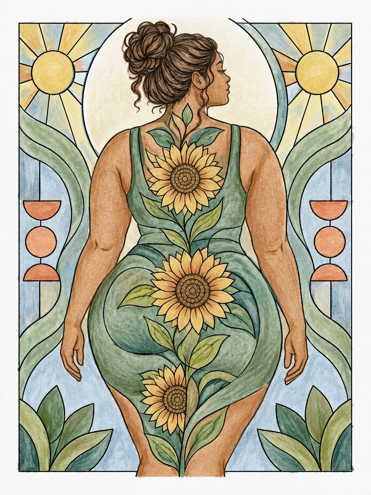 Colored example of the Sunflowers Along Curving Silhouette coloring page