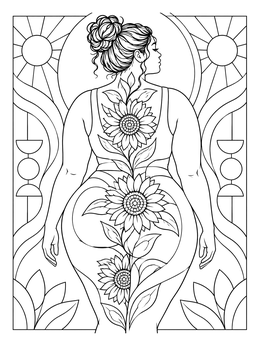 A body positive coloring page featuring a curvy woman from behind with blooming sunflowers.