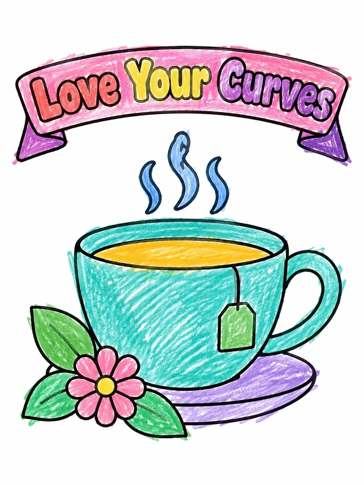Colored example of the Tea Cup Love Your Curves Banner coloring page