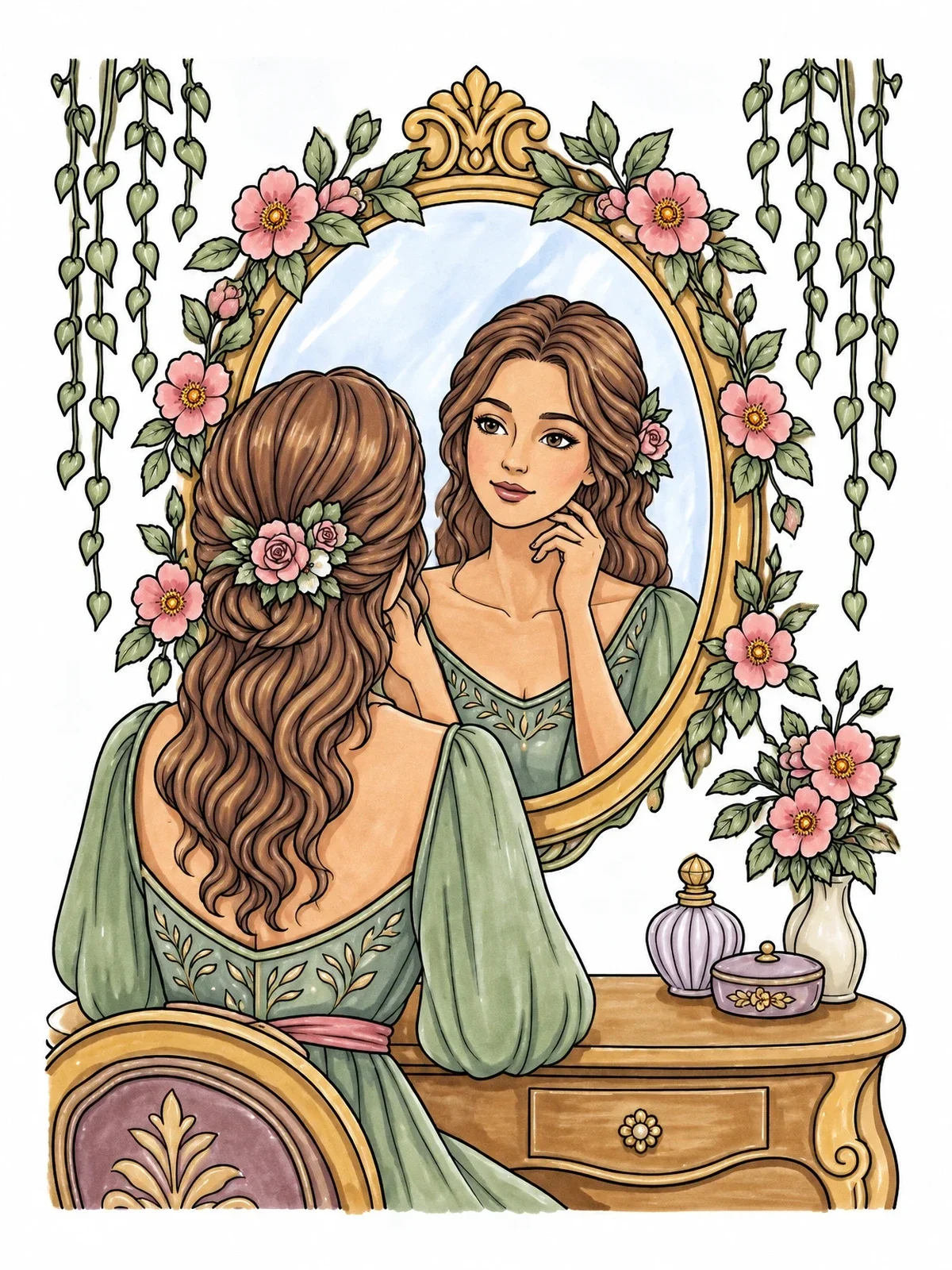 Colored example of the Serene Woman At Rose Vanity Mirror coloring page