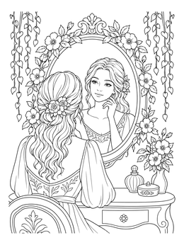 A woman admiring her reflection in this serene body positive coloring page.