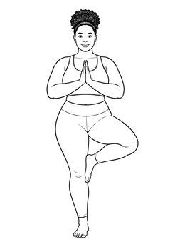 A woman balancing in tree pose features on this body positive coloring page.