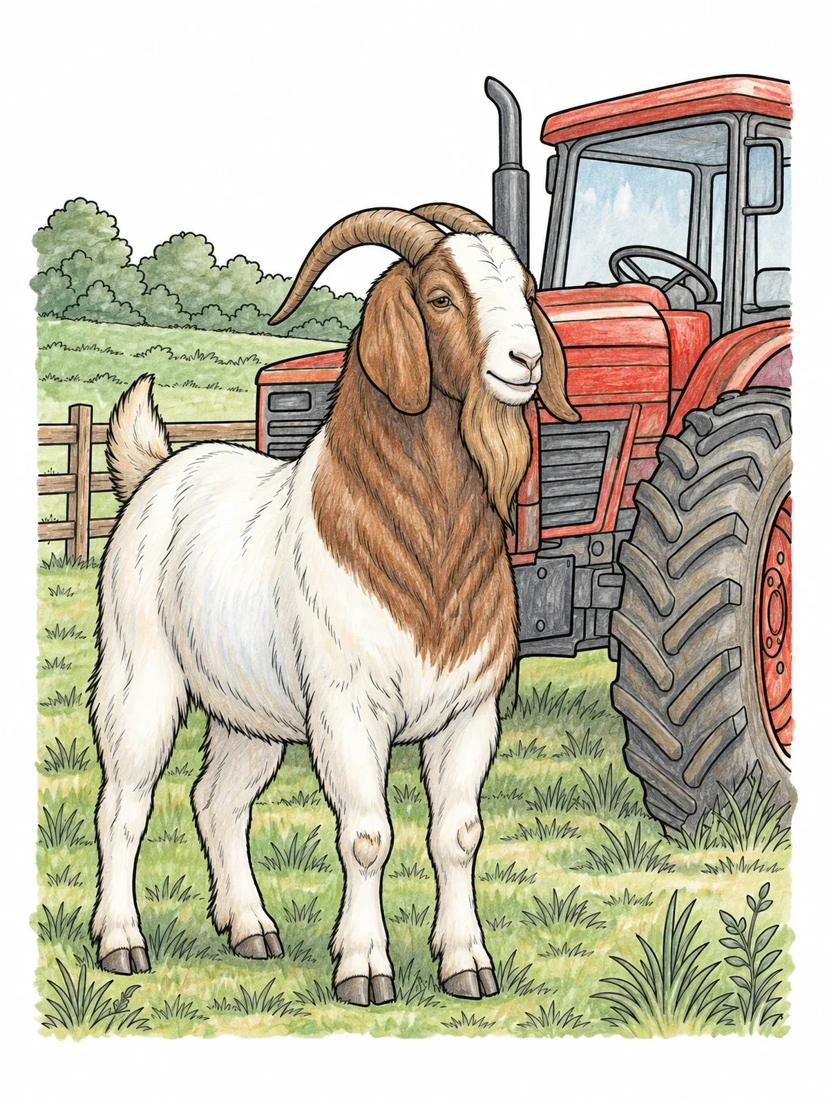Colored example of the Boer Goat Beside Farm Tractor coloring page