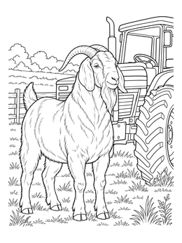 Free printable Boer Goat Beside Farm Tractor coloring page