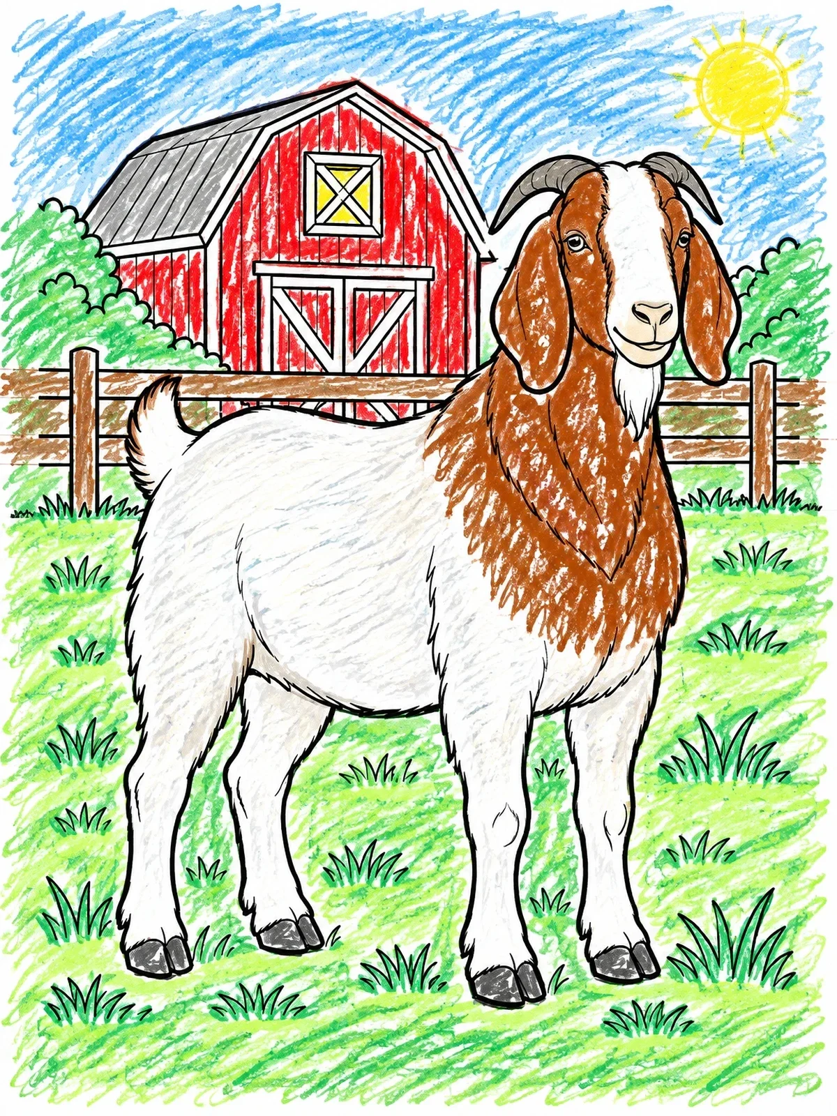 Colored example of the Boer Goat On The Farmyard coloring page