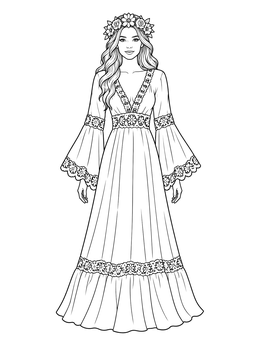 A woman wears a flowing gown with bell sleeves in this boho bridal dress coloring page.