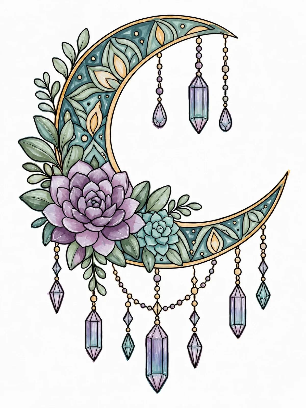 Colored example of the Boho Crescent Moon With Crystals And Succulents coloring page