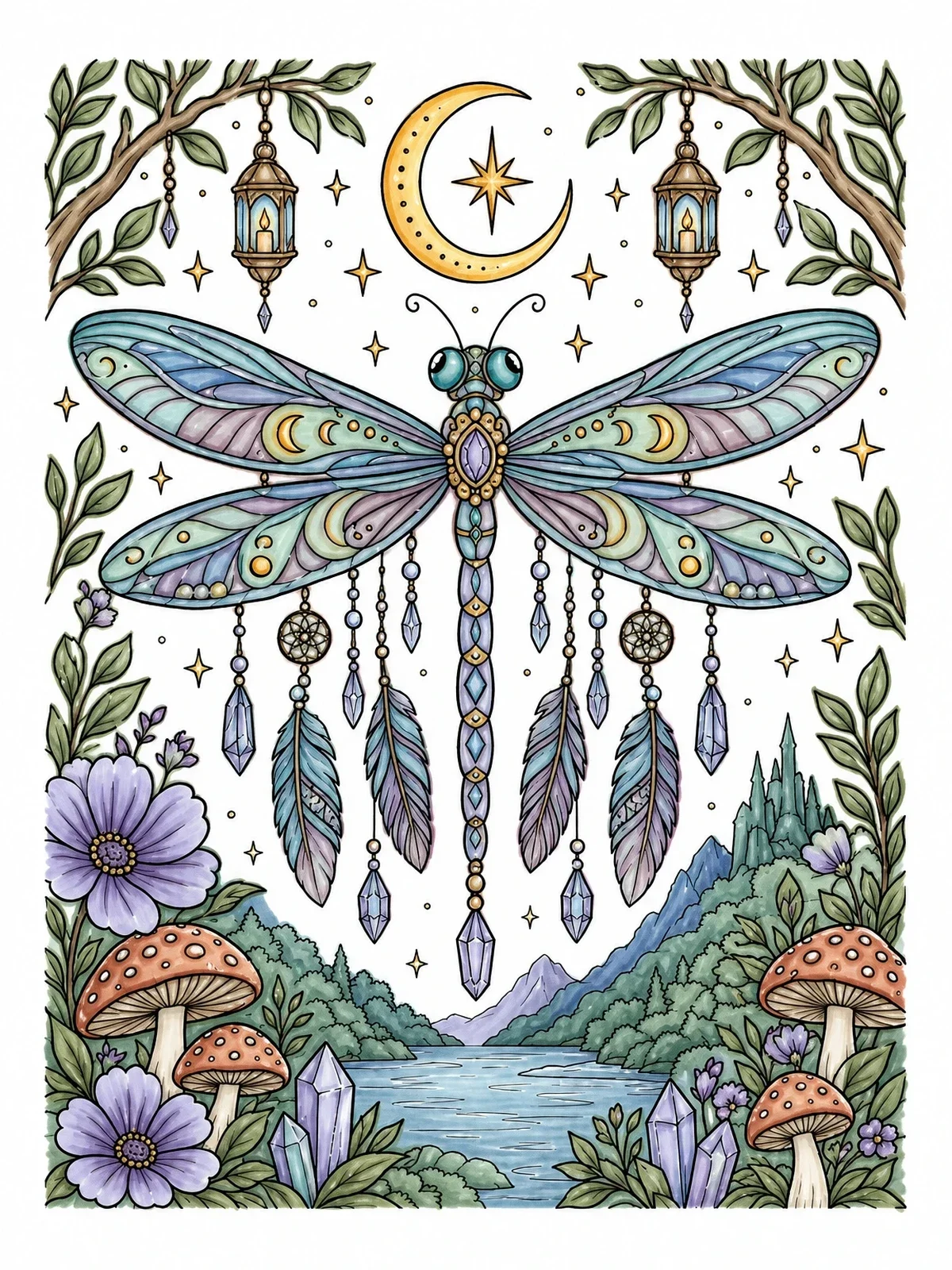 Colored example of the Bohemian Dragonfly With Feathers And Crystals coloring page