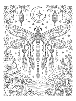 Detailed dragonfly coloring page decorated with dreamcatcher feathers, crystals, and lanterns in a whimsical night landscape.