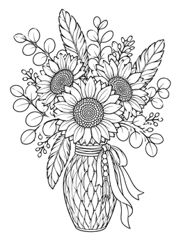 A boho sunflower coloring page featuring blooming sunflowers, feathers, and eucalyptus in a patterned vase.