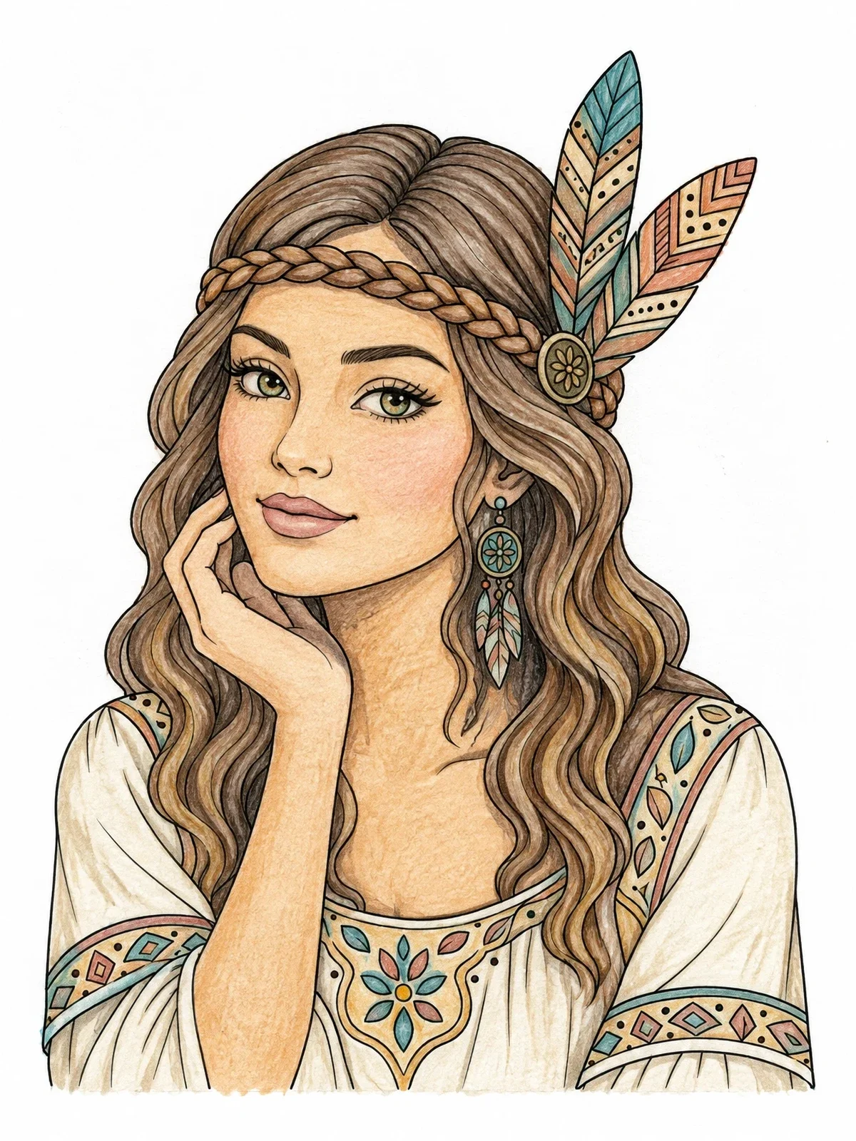 Colored example of the Bohemian Woman With Feather Headband coloring page