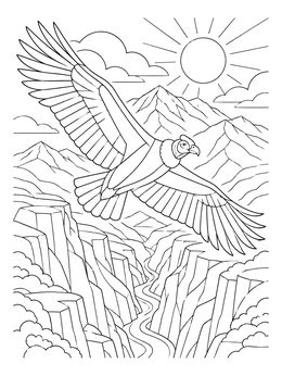An Andean condor glides above a canyon in this bolivia coloring page.