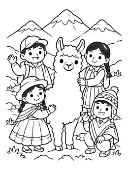 Free printable Children With Llama In The Andes coloring page