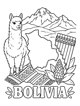 Free printable Bolivia Map With Alpaca And Mountains coloring page