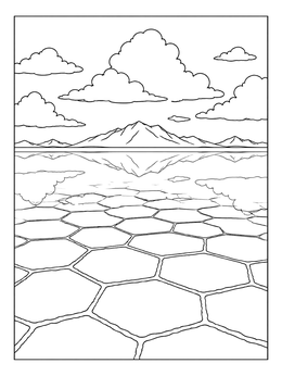 Hexagonal salt flats mirroring the sky in this bolivia coloring page.