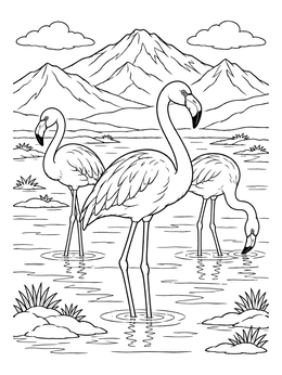 Three flamingos wading in a lagoon before mountain peaks in this Bolivia coloring page.