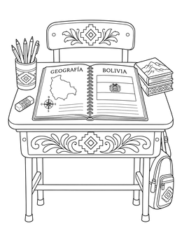An ornate classroom desk features an open notebook in this bolivia coloring page.