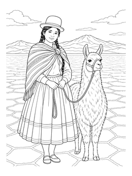 A bolivia coloring page showing a traditional Cholita standing with a fluffy llama across the salt flats.