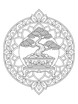 A detailed bonsai tree coloring page framed within an intricate floral mandala pattern.