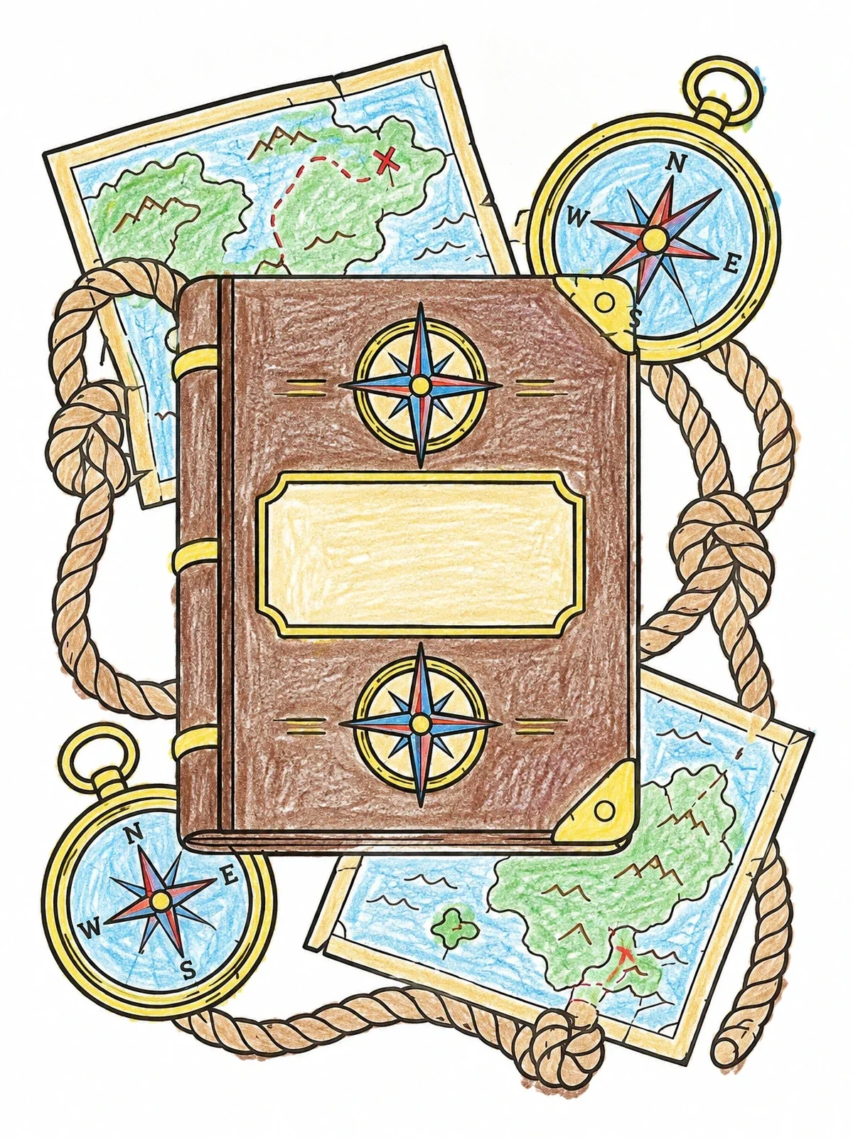 Colored example of the Adventure Journal With Compasses And Maps coloring page