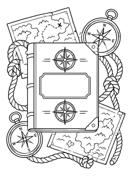An adventure book cover coloring page surrounded by nautical ropes, antique maps, and compasses.