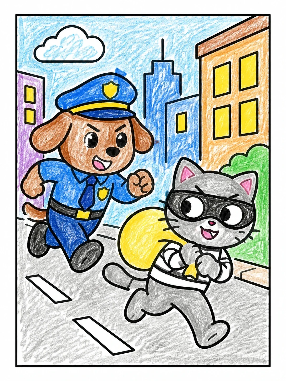 Colored example of the Police Dog Chasing Cat Bandit coloring page