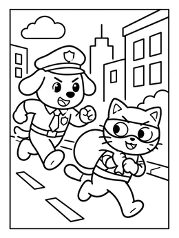 Free printable Police Dog Chasing Cat Bandit coloring page