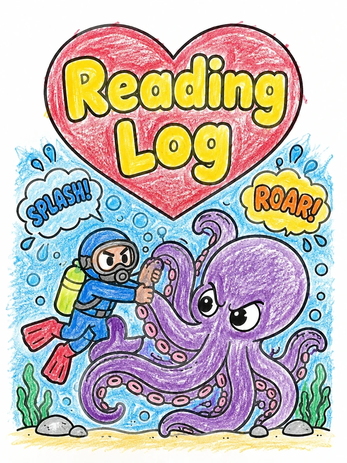 Colored example of the Reading Log Octopus Adventure coloring page