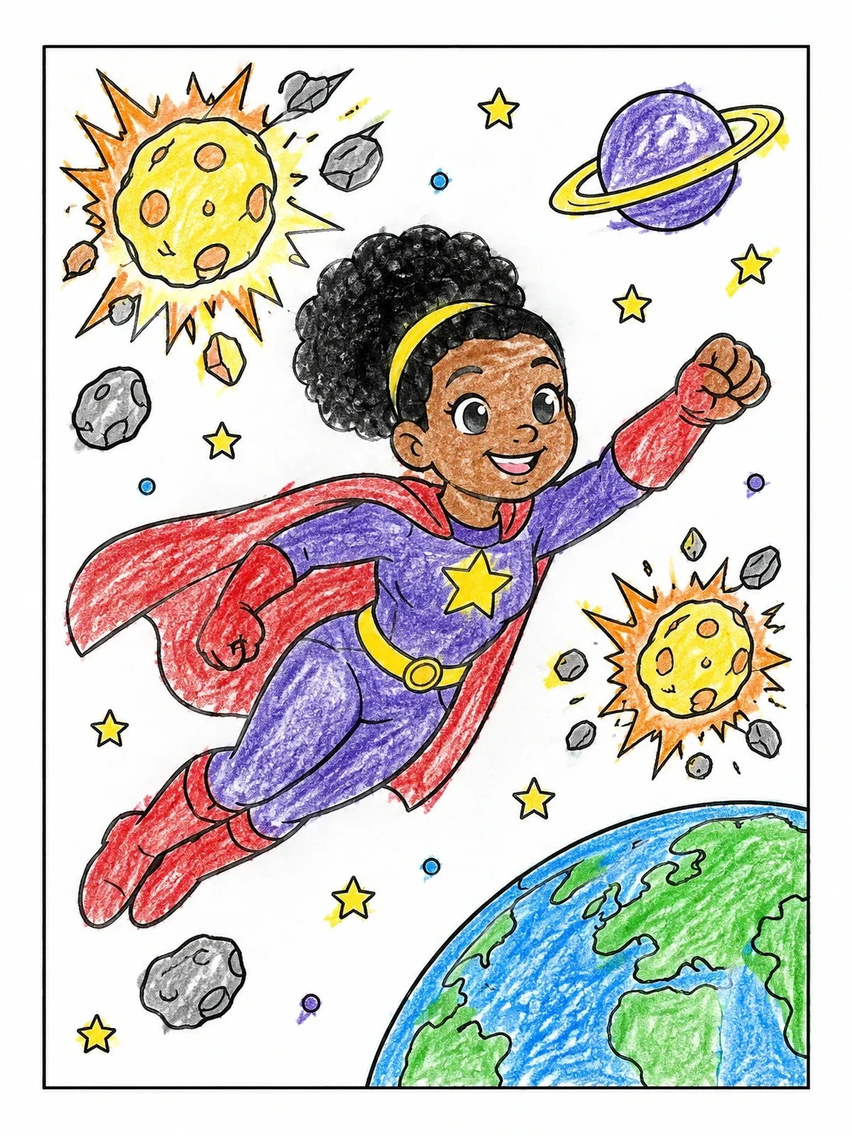 Colored example of the Superhero Girl Soaring Through Space coloring page