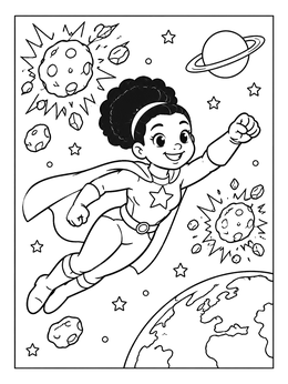 Free printable Superhero Girl Soaring Through Space coloring page