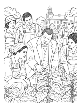 A detailed booker t washington coloring page showing the educator inspecting crops with students.