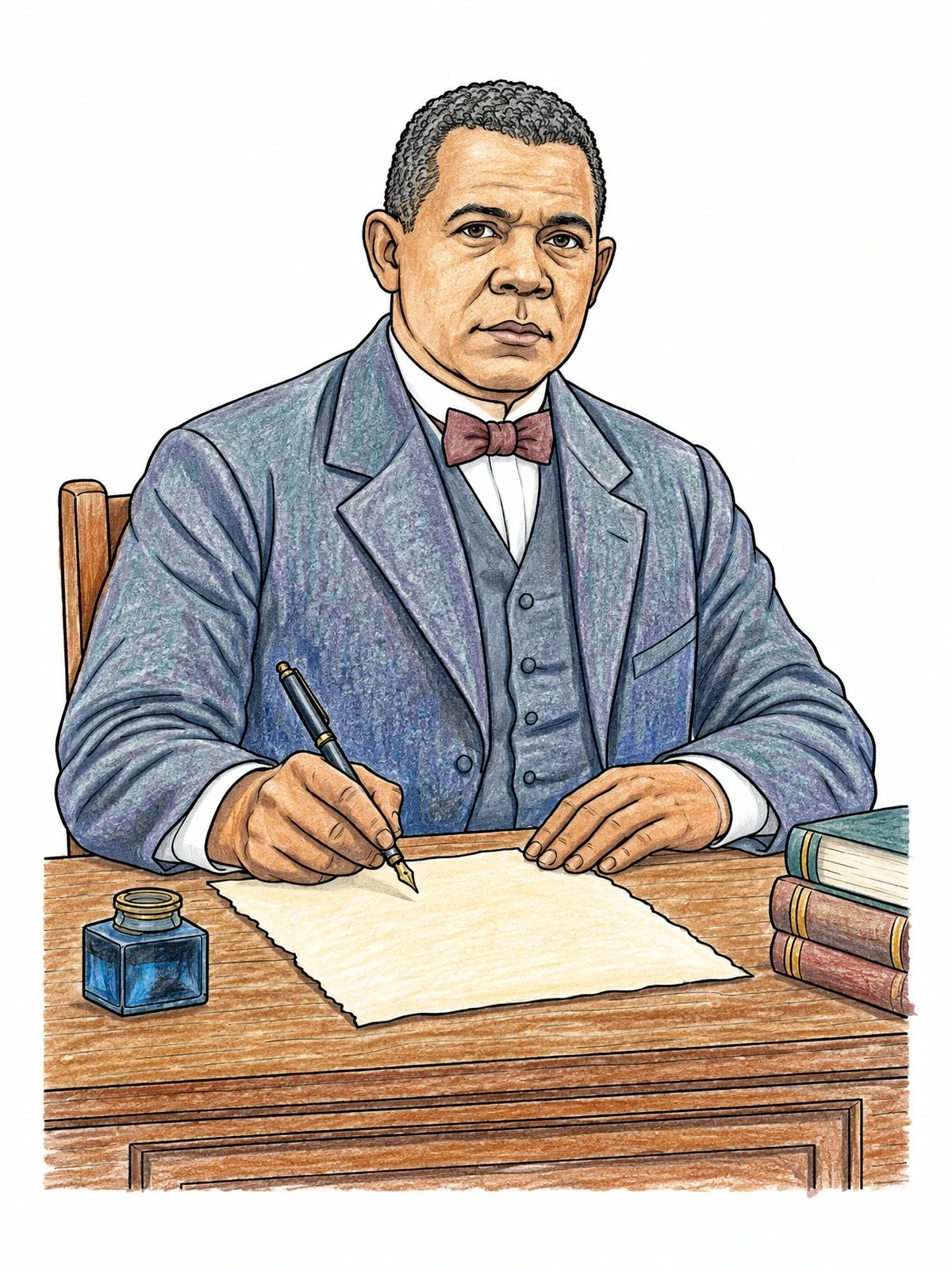 Colored example of the Booker T Washington Writing At Desk coloring page