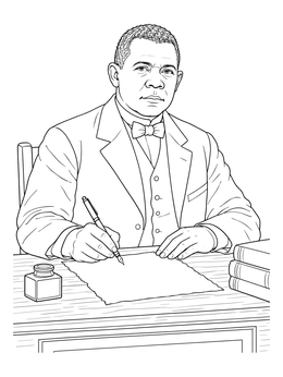 Portrait of educator Booker T Washington coloring page writing with a fountain pen at his desk.