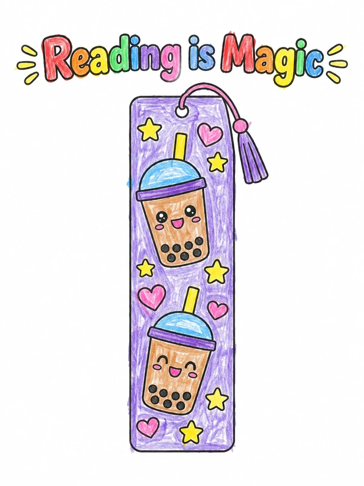 Colored example of the Reading Is Magic Boba Bookmark coloring page
