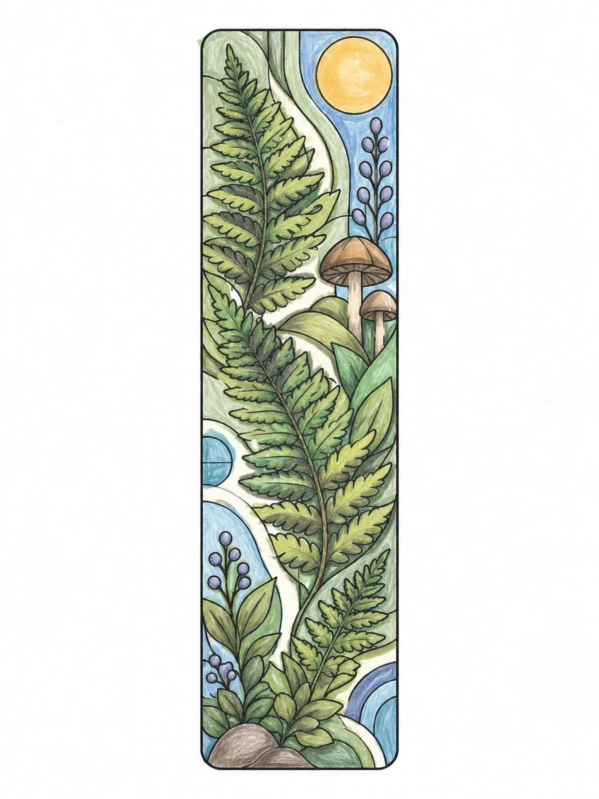 Colored example of the Botanical Fern And Mushroom Bookmark coloring page