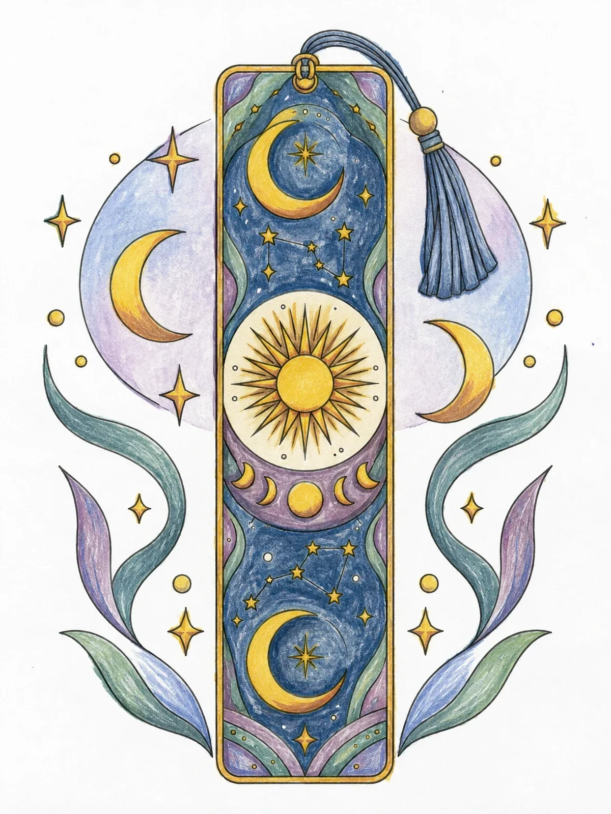 Colored example of the Celestial Bookmark With Sun And Moons coloring page