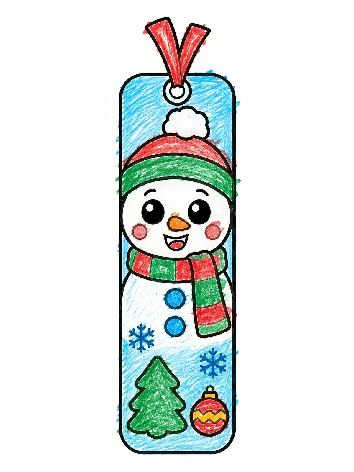 Colored example of the Cheerful Snowman Winter Bookmark coloring page