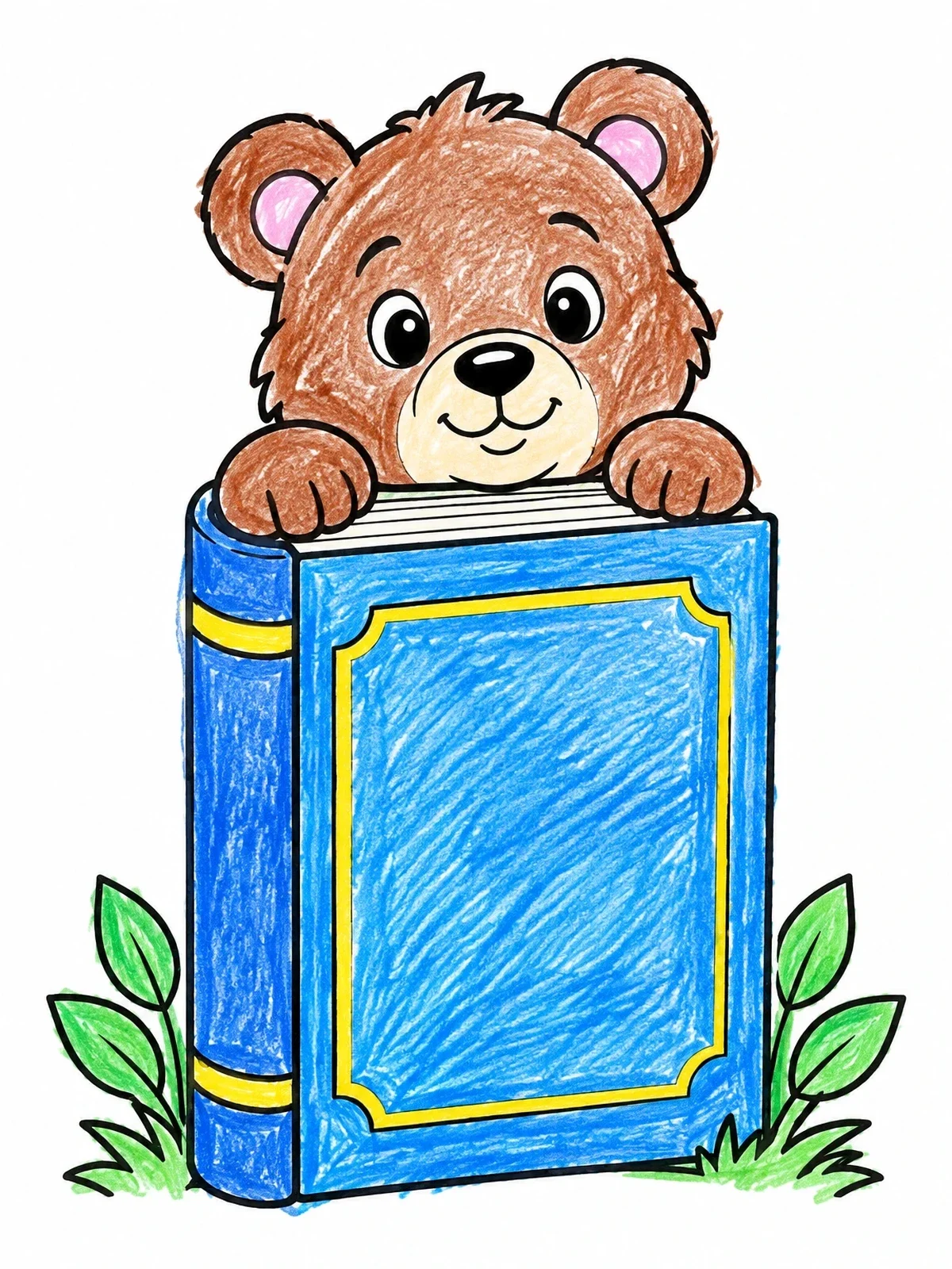 Colored example of the Cute Bear Peeking Behind Book coloring page