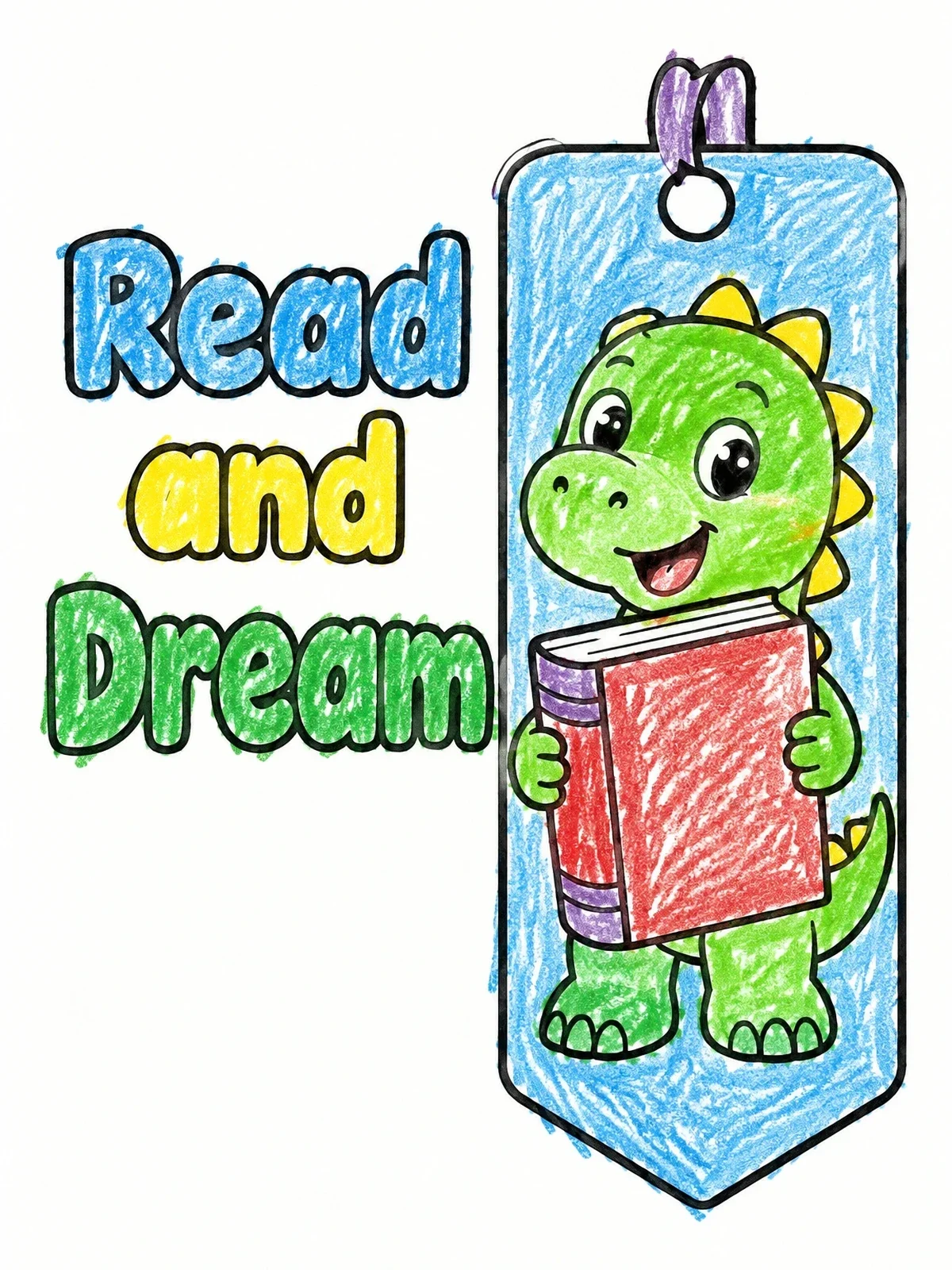 Colored example of the Cute Dinosaur Bookmark Read And Dream coloring page