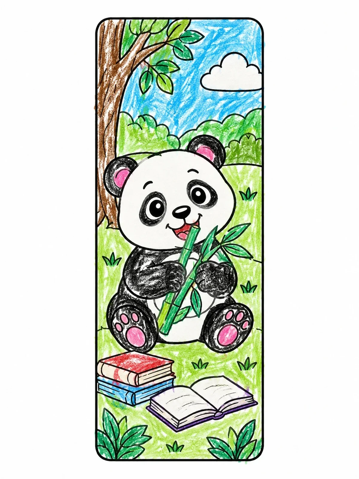 Colored example of the Cute Panda Bookmark With Books coloring page