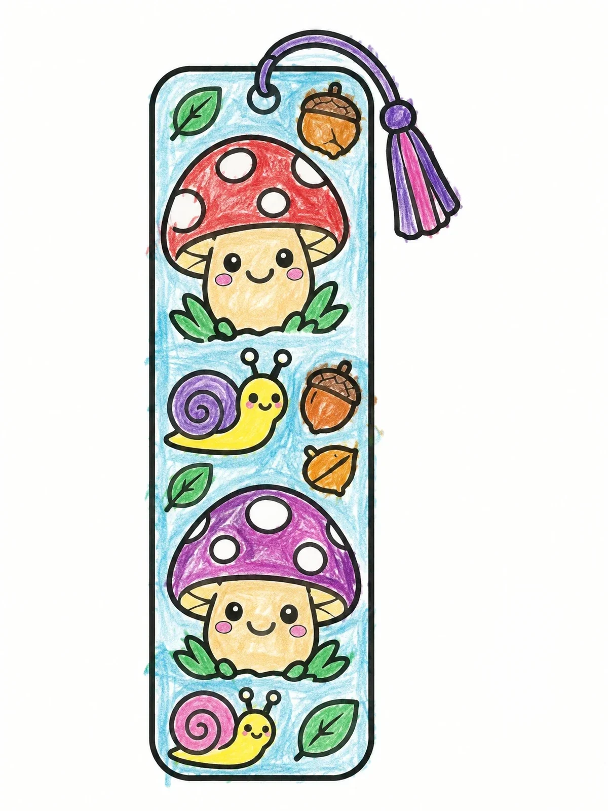 Colored example of the Forest Mushrooms And Snails Bookmark coloring page
