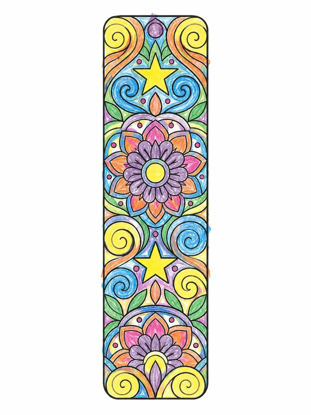 Colored example of the Intricate Mandala And Stars Bookmark coloring page
