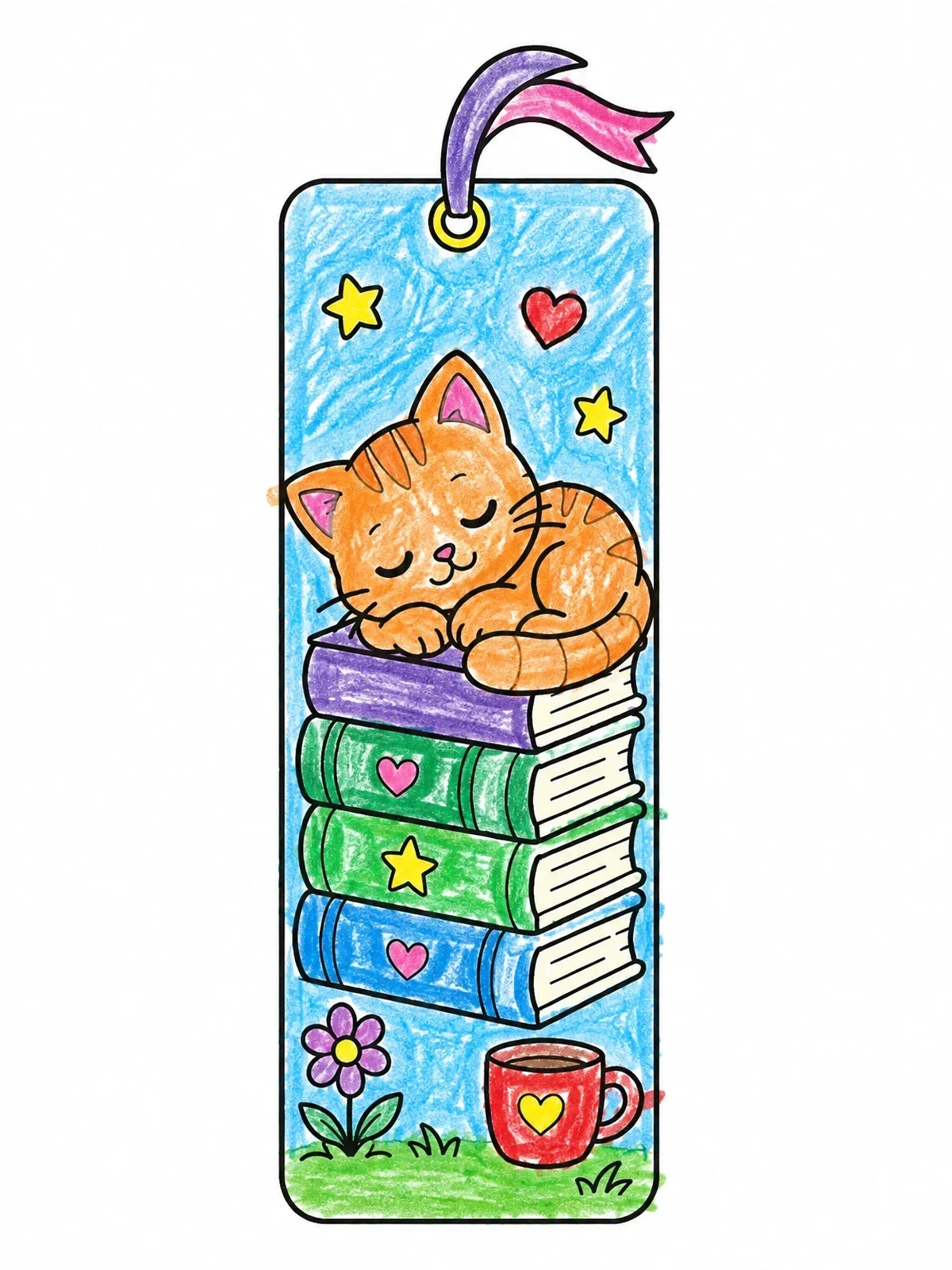 Colored example of the Sleepy Kitten On Book Stack Bookmark coloring page