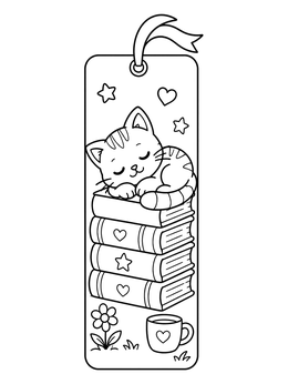 Free printable Sleepy Kitten On Book Stack Bookmark coloring page