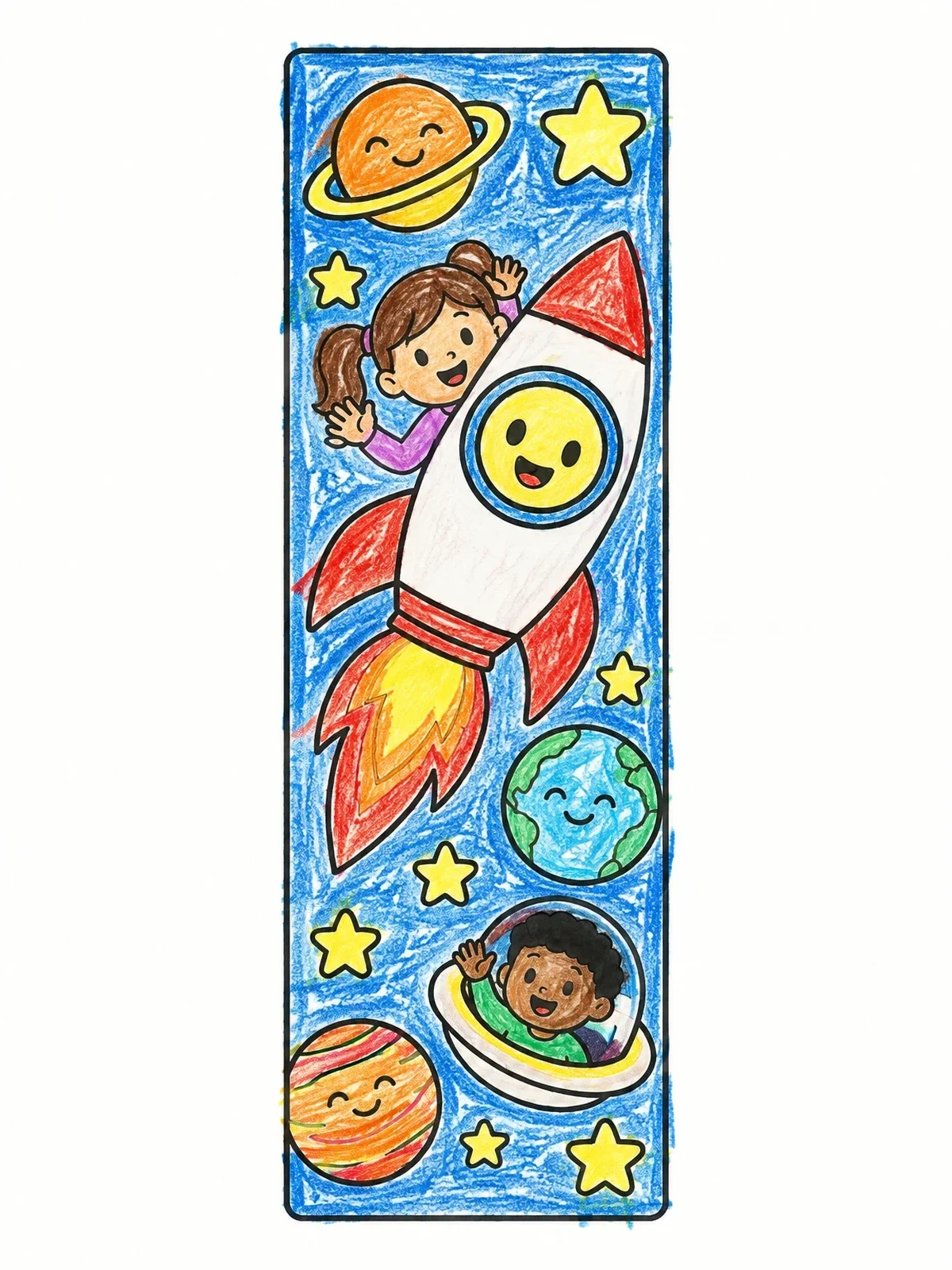 Colored example of the Space Adventure Bookmark With Rocket coloring page