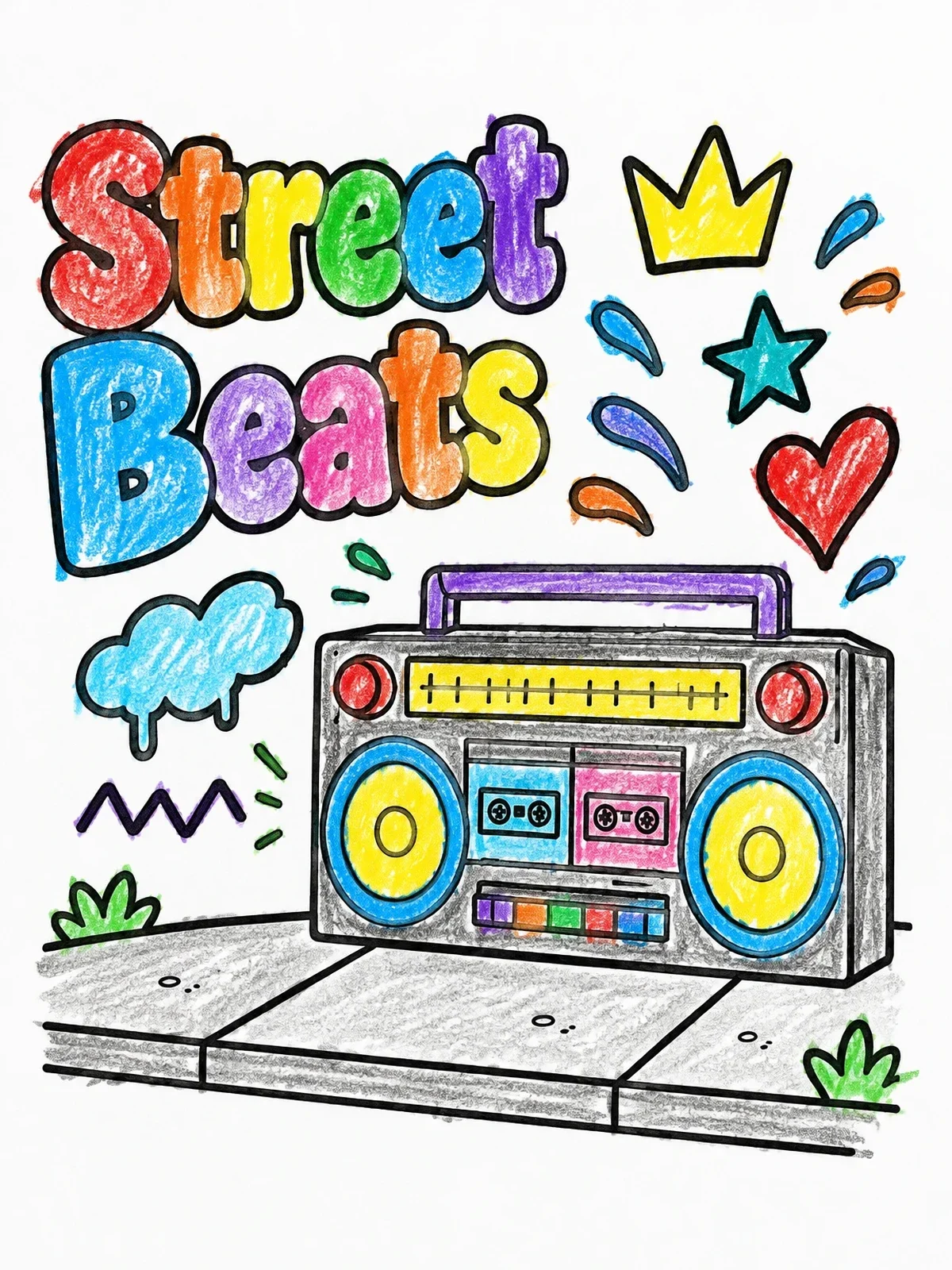 Colored example of the Boombox With Street Beats Graffiti coloring page