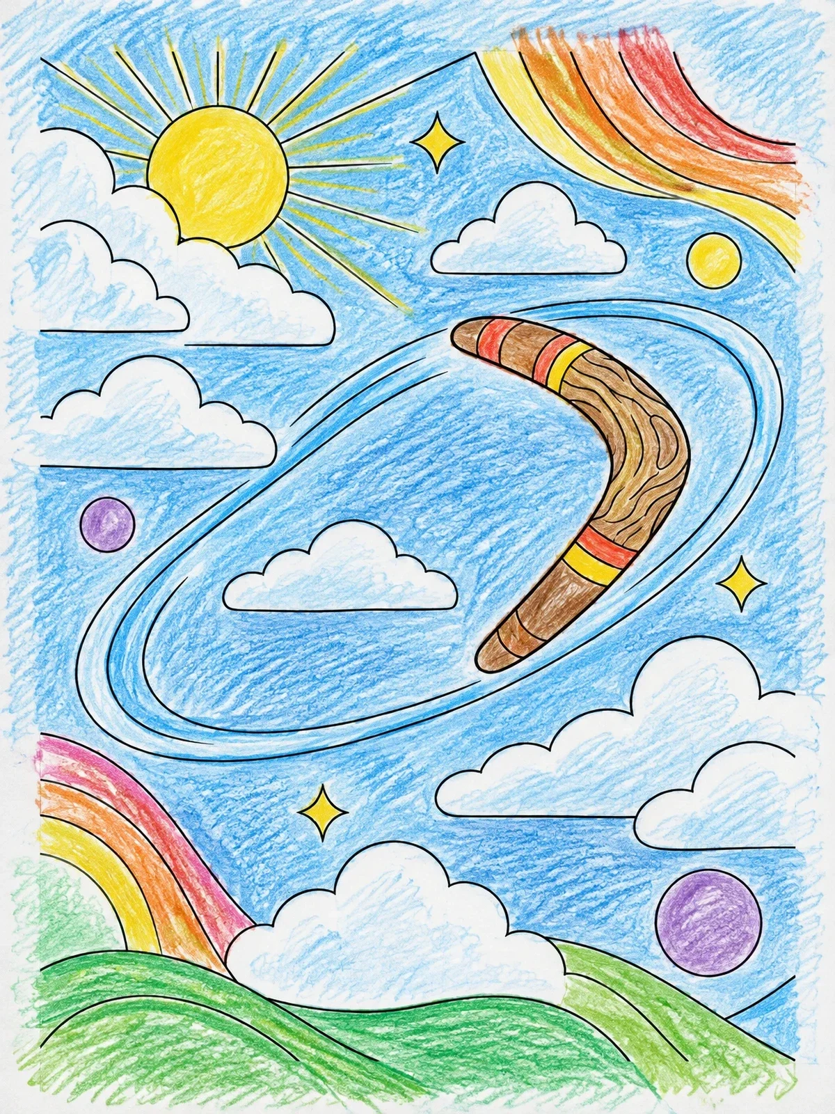 Colored example of the Boomerang Flying Across The Sky coloring page
